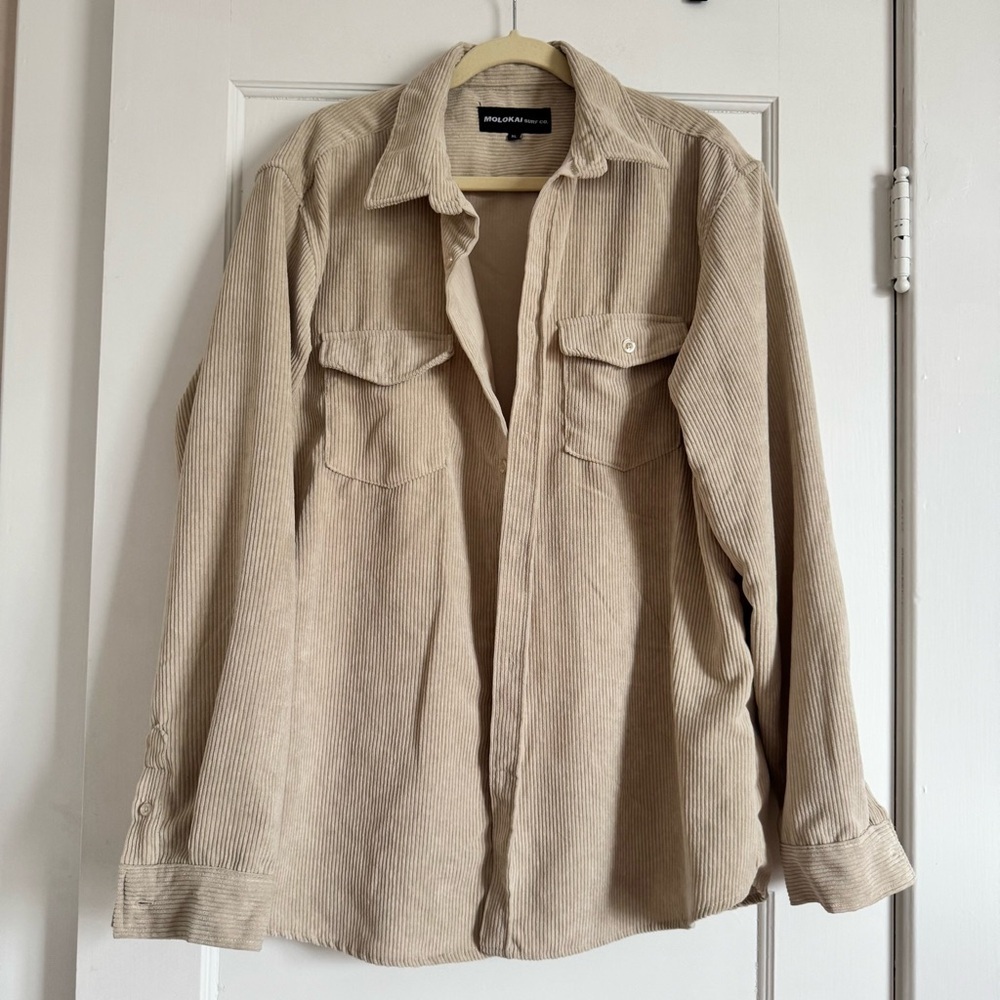 Molokai Surf Co Mens XL Long Sleeve Button Down Shirt Jacket Shacket Tan Beige